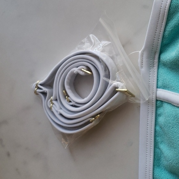 Kona Sol Turquoise Blue Terry Cloth Solid Bandeau w/Binding Bikini Top Size M # - Picture 7 of 11